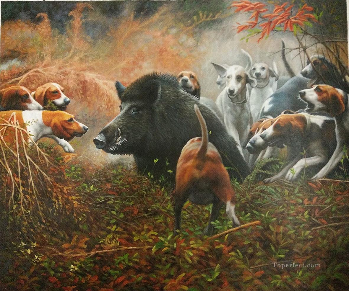 hounds attacking wild boar animals Oil Paintings